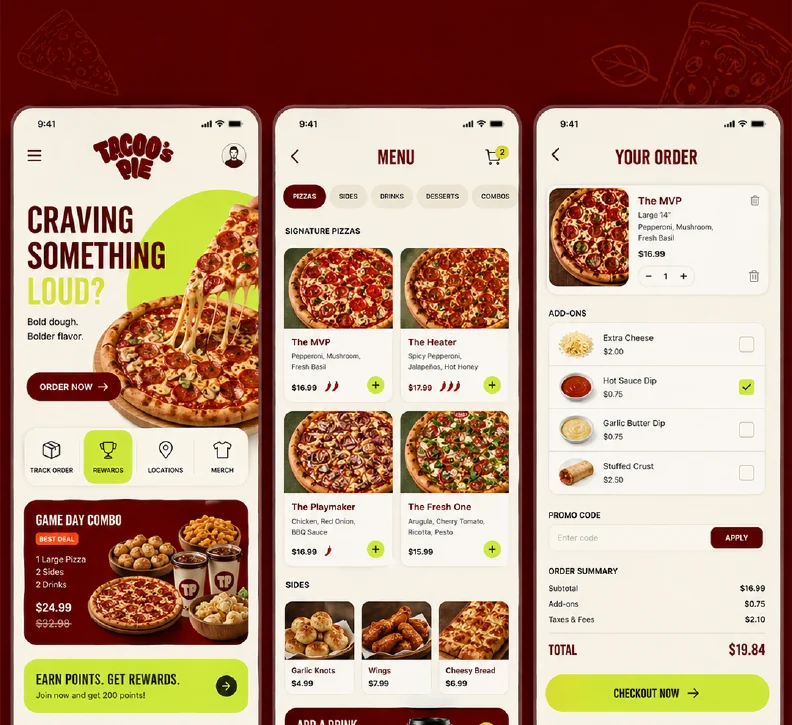 Tacoos Pie mobile ordering interface showing home, menu and cart screens